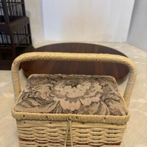 VINTAGE SEWING NOTIONS BOX WITH UPHOLSTERED TOP