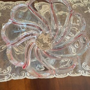 Vintage Glass Candy Dish with Pink Swirl Lines. Art piece.