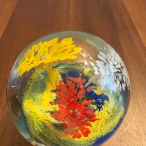 VINTAGE Handmade 3” Paperweight Colorful Flowers Burst Hand Blown Glass
