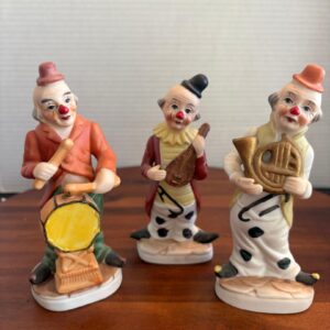 Set of 3 Porcelain Clowns Playing Instruments Made In Korea