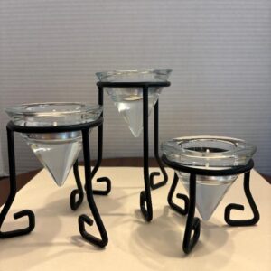 Black Metal Candle Holder Stands with Glass Inserts Set of 3 Retro Cottage Decor