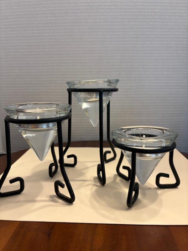 Black Metal Candle Holder Stands with Glass Inserts Set of 3 Retro Cottage Decor