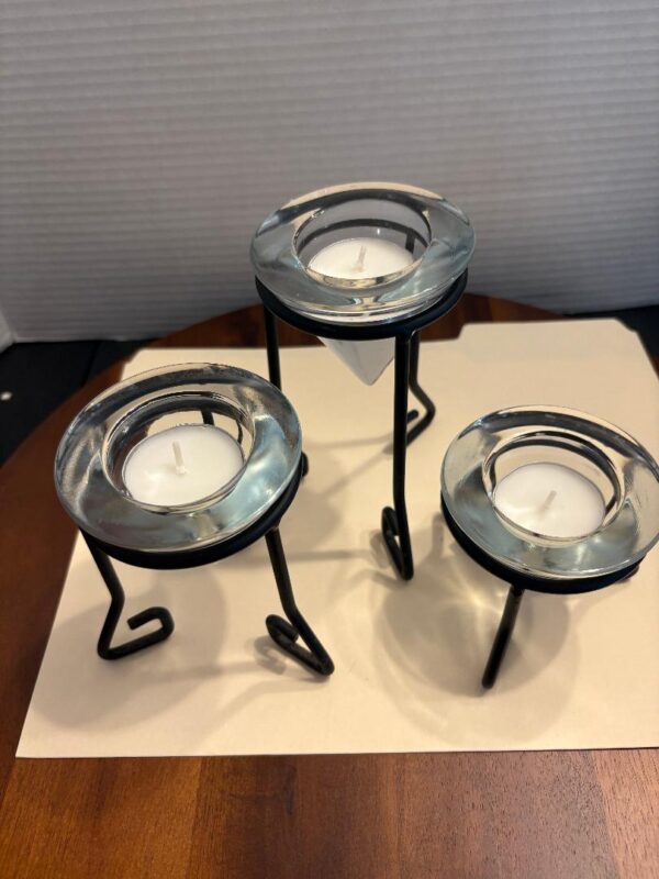 Black Metal Candle Holder Stands with Glass Inserts Set of 3 Retro Cottage Decor - Image 4