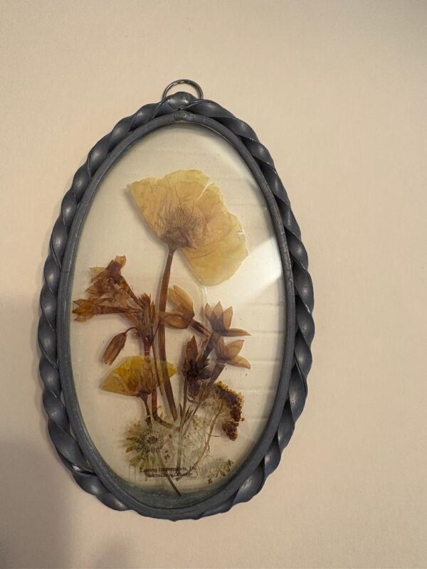Vintage Lasting Impressions Real Pressed Flowers in Glass w/Oval Metal Frame
