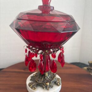 Vintage Ruby Glow Diamond Point Candy Dish with Marble Pedestal