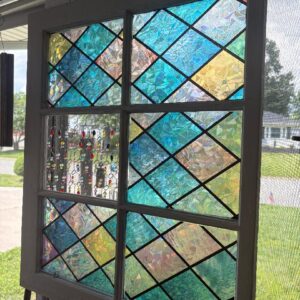 Large Hanging 6 Panel Window with Cling-On Stained Glass, Chicken Wire and Beads