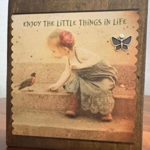 Homemade Wood Shelf Sitter with Little Girl and Bird 3.5" x 4"