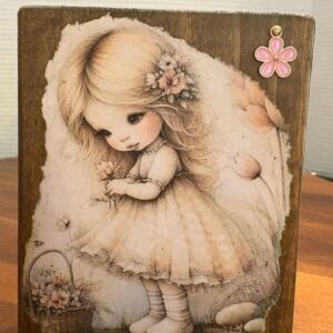Decoupaged Wood Plaque/Shelf Sitter Little Girl Collecting Flowers 3.5" x 4.5"