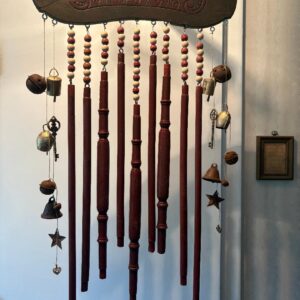 Large Wood Chime from Old Chair w Beads Bells Keys and Charms 15" x 27"