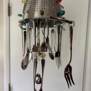 Eclectic Homemade Colander Wind Chime with Flatware + Beads Handcrafted 9" x 21"