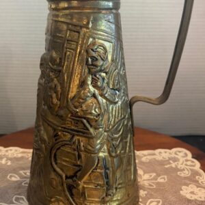 Vintage Peerage England Brass Pitcher Mug Stein Embossed Bar Pub Scene 10.75"