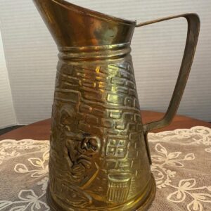 Vintage Embossed Hammered Brass Pitcher Tavern Bar Scene Made in England 8"