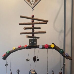 Homemade Windchime with Wood, Bells, Buttons, Keys, Beads, Mushrooms, Misc  15" x 27"