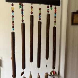 Large Wood Wind Chime from Old Chair w Beads and Bells 14" x 24"
