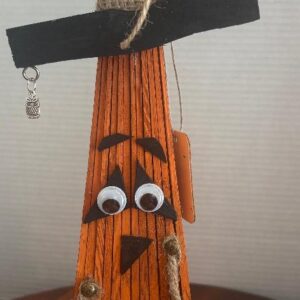 wood-shim-pumpkin-homemade-13-5-tall-with-chair-spindel-hat-and-owl-charm