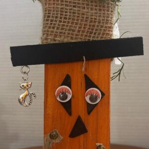 Homemade Pumpkin 2"x 3" Wood with Chair Spindel Hat and Cat Charm 11" Tall