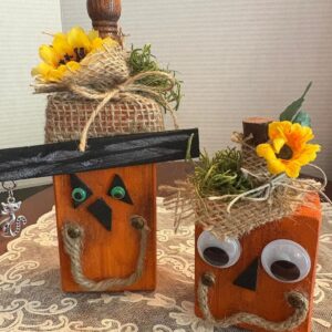 Wood Pumpkins with Spindel Hats and Fall Flowers