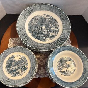 Royal Cavalier Currier & Ives Blue The Old Grist Mill 10" Plates/6.5"Bowls/6.5"Plates/ Set of 7